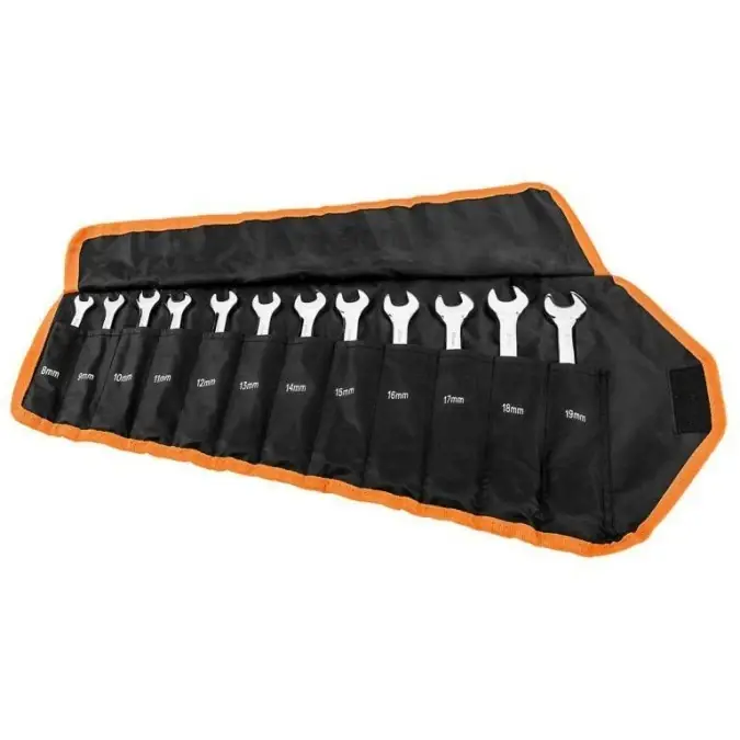 Klucze płasko‑oczkowe z grzechotką i przełącznikiem CrV 8‑19mm, w etui 09‑345 /12szt./ Oferta limitowana