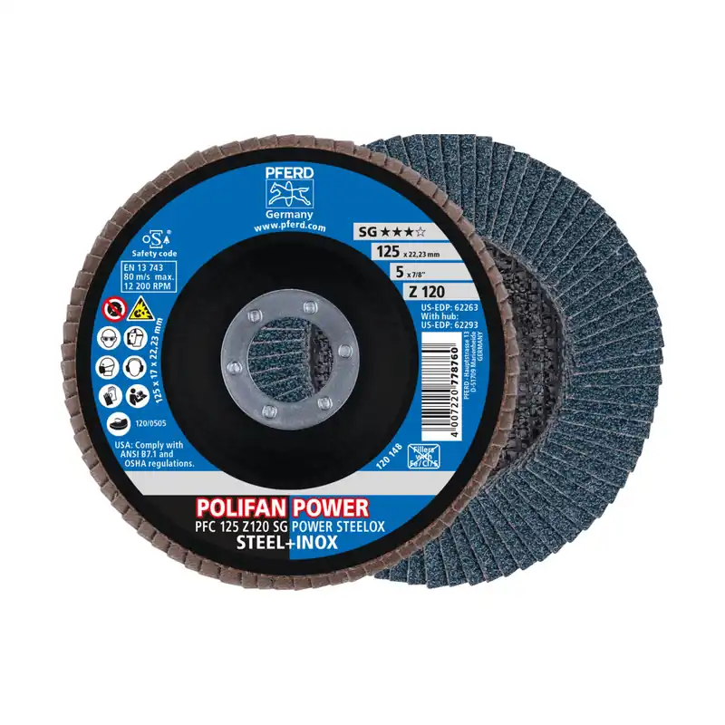 PFERD TOOLS POLIFAN POWER flap disc PFC 125x22.23 mm conical Z120 SG STEELOX steel/stainless steel Zniżka